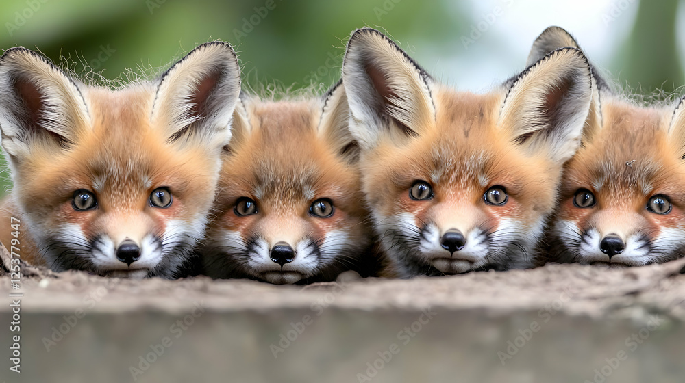 Obraz premium Four red fox kits peering from burrow, forest background, wildlife photography