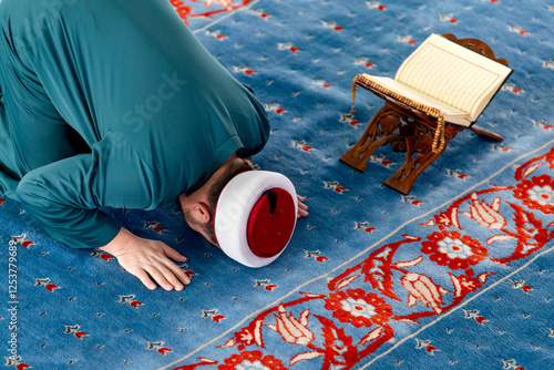 A captivating image of an imam praying after praying and reciting the Quran in a tranquil mosque, capturing the essence of faith and devotion. photo