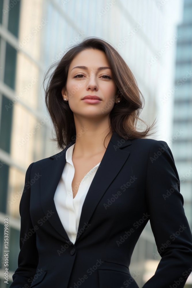 A woman in a business suit stands in front of a building. She is wearing a white shirt underneath her jacket A woman in a business suit stands in front of a building. She is wearing a white shirt underneath her jacket