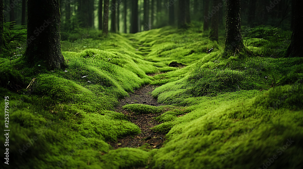 Obraz premium Serene Mossy Forest Path A Tranquil Nature Scene