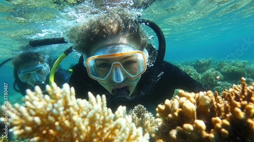 Two individuals equipped with scuba gear are submerged in water, exploring the underwater environment and showcasing their diving skills.
