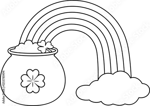 St.Patrick's Day cauldron and Rainbow outline.
Money pot full of coins and rainbow coloring pages isolated.
Transparent background.