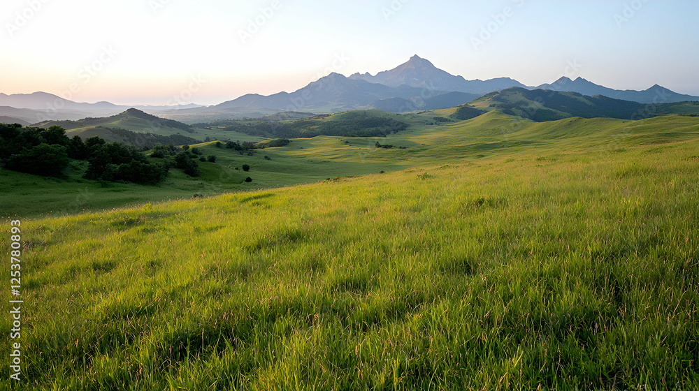 Obraz premium Rolling green hills and grassy meadows stretch toward a distant mountain peak under a soft morning sky.