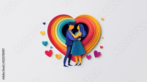 A colorful illustration of a couple embracing in a vibrant heart-shaped design. photo