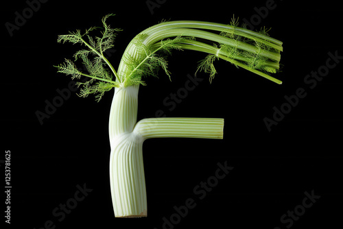 The letter F is intricately formed using delicate fennel stems and feathery green fronds, creating a natural, organic appearance that showcases the fluidity and elegance of the herb photo