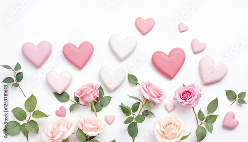 Varios corazones en tonos de rosa y blanco, dispuestos junto a rosas de color rosa suave con hojas verdes, sobre un fondo blanco liso