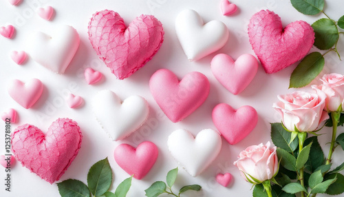 Varios corazones en tonos de rosa y blanco, dispuestos junto a rosas de color rosa suave con hojas verdes, sobre un fondo blanco liso
