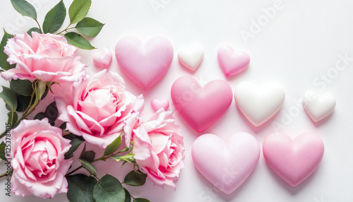 Varios corazones en tonos de rosa y blanco, dispuestos junto a rosas de color rosa suave con hojas verdes, sobre un fondo blanco liso