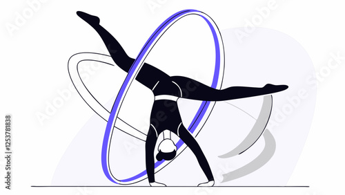 A gymnast performs a handstand surrounded by dynamic lines resembling hoops. The use of contrasting colors emphasizes the movement and grace of the acrobatic pose.AI