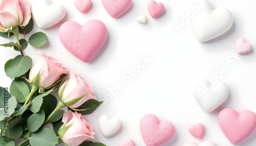 Varios corazones en tonos de rosa y blanco, dispuestos junto a rosas de color rosa suave con hojas verdes, sobre un fondo blanco liso
