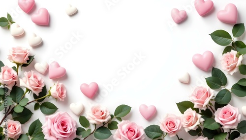 Varios corazones en tonos de rosa y blanco, dispuestos junto a rosas de color rosa suave con hojas verdes, sobre un fondo blanco liso