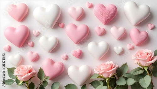 Varios corazones en tonos de rosa y blanco, dispuestos junto a rosas de color rosa suave con hojas verdes, sobre un fondo blanco liso