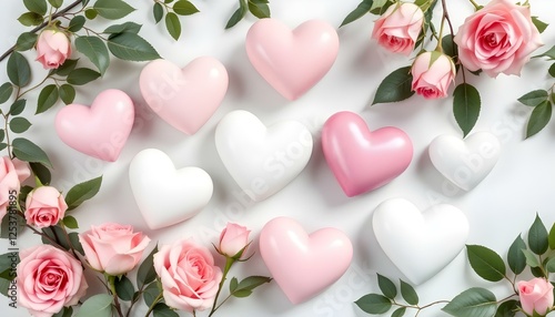 Varios corazones en tonos de rosa y blanco, dispuestos junto a rosas de color rosa suave con hojas verdes, sobre un fondo blanco liso