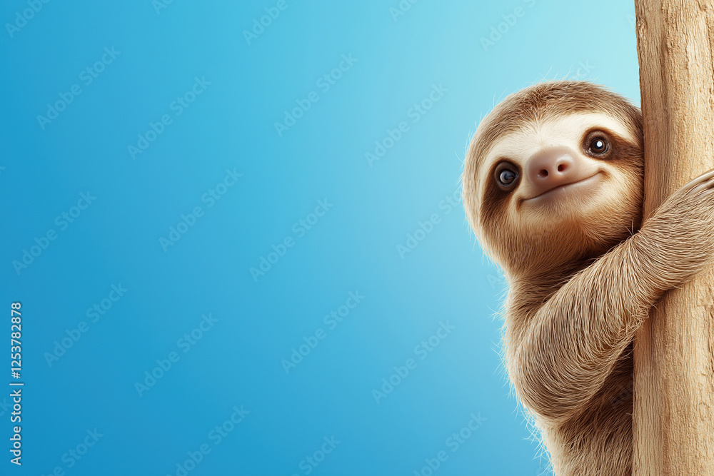 Fototapeta premium Smiling sloth climbs a tree against a clear blue sky during daylight hours