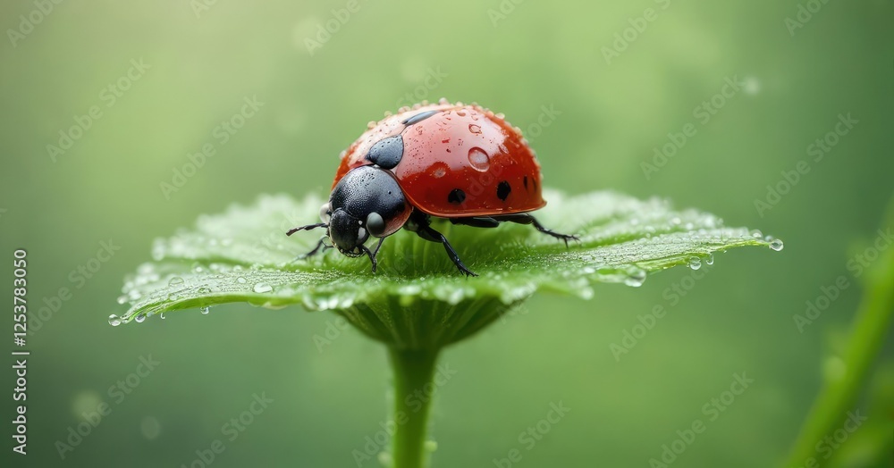 Fototapeta premium A small, red ladybug on a green flower with droplets of morning dew, summer, garden