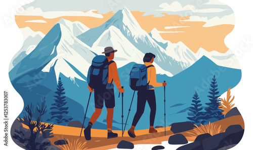 Scenic Alpine Hiking Adventure Couple in Minimalist Vector Art Style