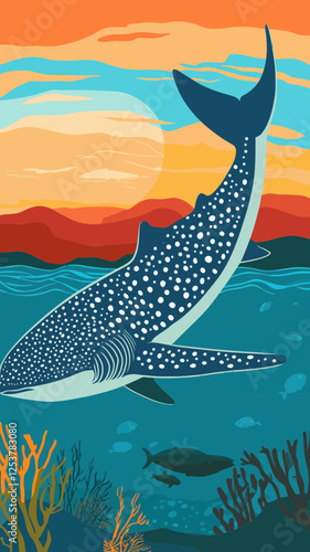 Whale Shark Watching in Oslob Cebu Art Deco Style WPA Poster Illustration