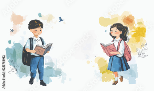 Watercolor Illustration of Children Returning to School with Books, Perfect for Back-to-School Themes