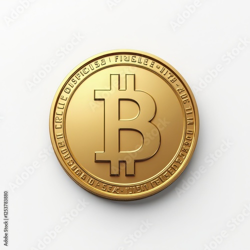 Close-Up of a Detailed Bitcoin Coin in Shimmering Gold Finish on a White Background, Ideal for Representing Cryptocurrency Themes, Digital Investment, and Modern Finance Concepts