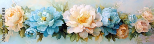 A vibrant floral arrangement featuring blue and peach peonies, beautifully complementing each other against a soft background.