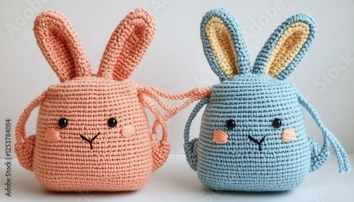 Two adorable crocheted stuffed animals sit side by side, showcasing their intricate designs and vibrant colors in a charming display of craftsmanship.
