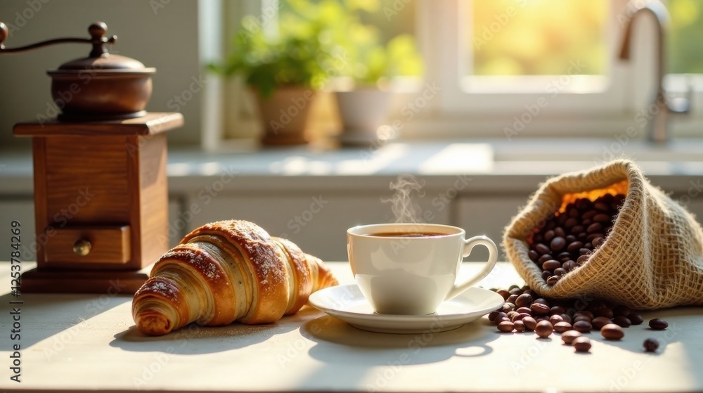 Aromatic Coffee, Golden Hour Delight Sweet Pastry and Freshly Brewed Coffee Beans Aromatic Coffee, Golden Hour Delight Sweet Pastry and Freshly Brewed Coffee Beans