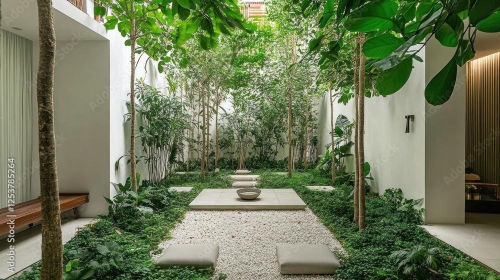 Naklejka premium Serene Indoor Garden Oasis: A Tranquil Escape in Modern Architecture