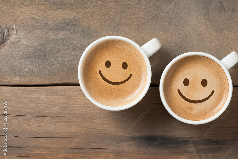 Coffee cups with smiling faces on creamy foam served on a wooden table Coffee cups with smiling faces on creamy foam served on a wooden table