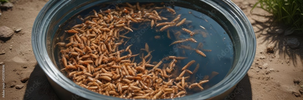 A plastic basin with a layer of mealworms on top and a smaller pool of water underneath, bug farm, insect breeding A plastic basin with a layer of mealworms on top and a smaller pool of water underneath, bug farm, insect breeding