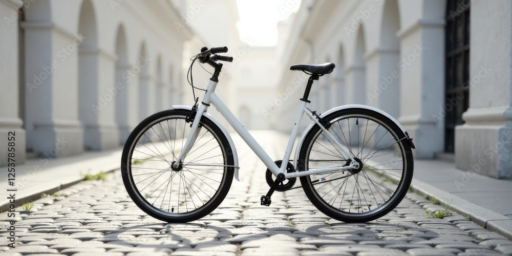 A pristine white bicycle rests on a cobblestone street, bathed in the soft glow of morning sunlight, creating a serene and peaceful urban landscape. A pristine white bicycle rests on a cobblestone street, bathed in the soft glow of morning sunlight, creating a serene and peaceful urban landscape.