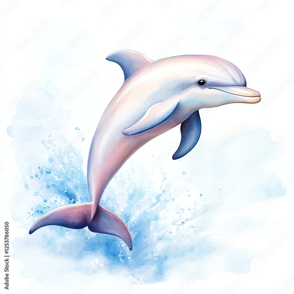 Fototapeta premium A playful dolphin leaps gracefully from the water, surrounded by splashes, showcasing its sleek form and joyful spirit.