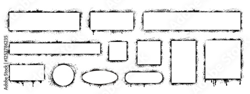 Grunge border frame set, grunge rectangles and circles shapes with spray of splashes and streaks of paint