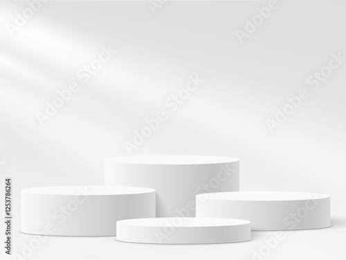 Circle podium and window light blur on white wall, column platform pillar, pedestal stand stage, round empty stages and podium stairs 3d template for product presentation