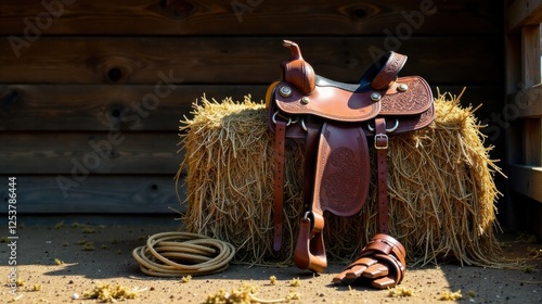Rustic Western Saddle Resting on a Hay Bale in a Wooden Stable