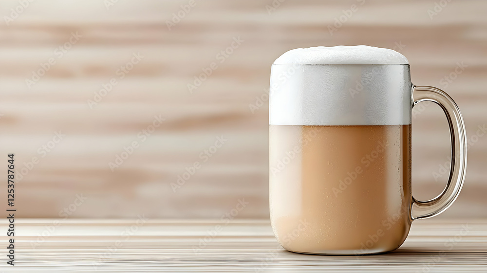 Latte in glass mug on wooden table, light background Latte in glass mug on wooden table, light background