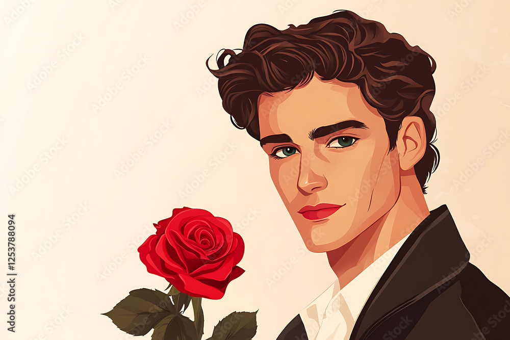 Young man holding a red rose, gazing thoughtfully with a soft background, symbolizing romance Young man holding a red rose, gazing thoughtfully with a soft background, symbolizing romance