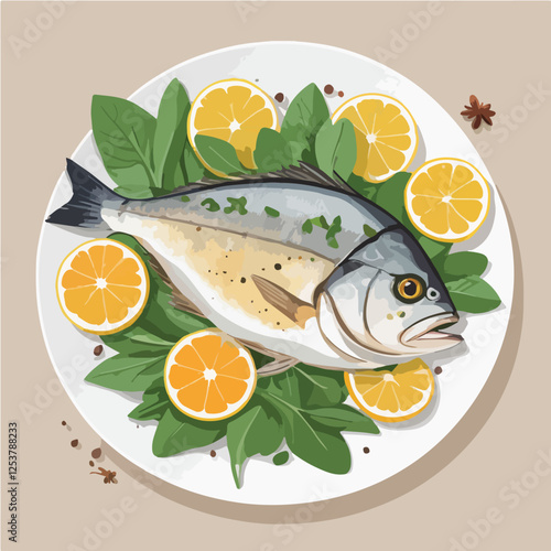 delicious grilled dorado or sea bream fish with lemon and orange slices, spices, fresh parsley and spinach