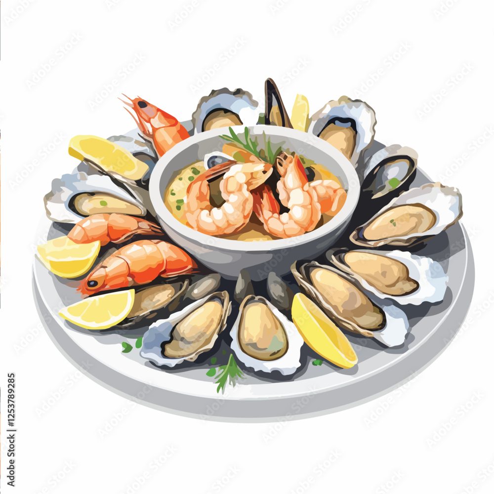 shellfish snack platter. oysters and mussel dish. roasted shrimp isolated on white background shellfish snack platter. oysters and mussel dish. roasted shrimp isolated on white background