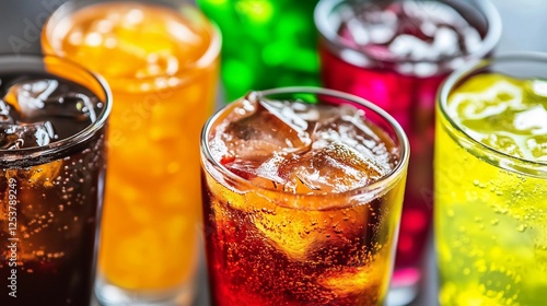 A row of colorful drinks in glasses, including a green one. The drinks are all different colors and flavors, and they are all full of ice