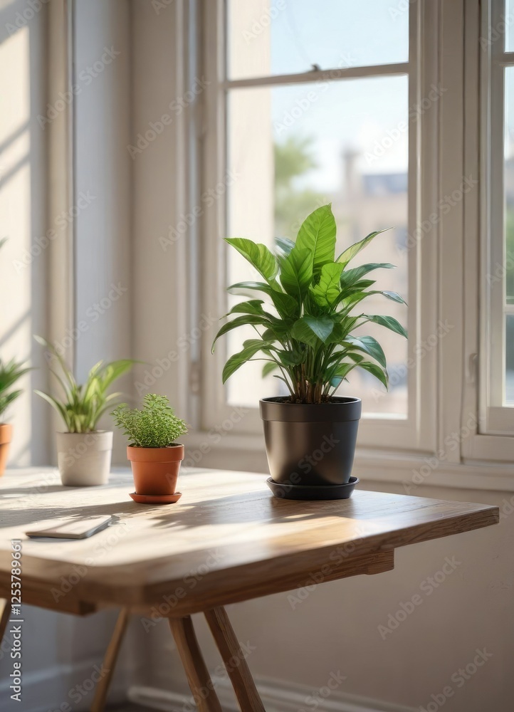 Fototapeta premium A minimalist desk against a window with a small potted plant on the table, indoor plants, urban living, desk