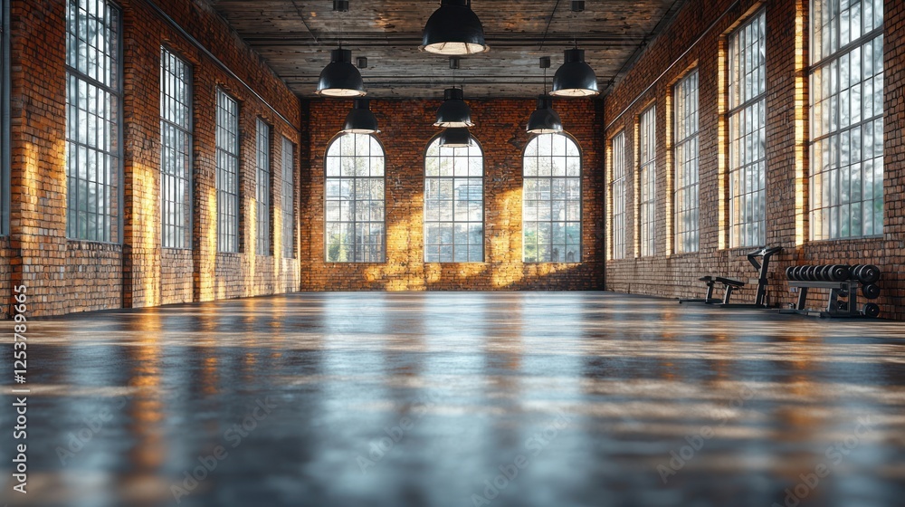 Fototapeta premium Spacious Industrial Gym with Sunlight Streaming Through Large Windows