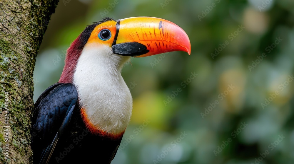 Fototapeta premium Toco toucan perched on a mossy tree trunk in the tropical rainforest during daytime.