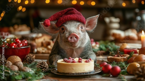 A large pig in the middle of a lavish New Year's table photo