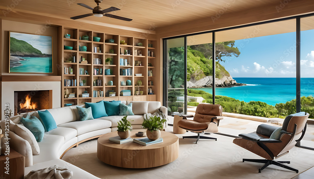 Fototapeta premium Luxury Beachfront Living Room with Panoramic Ocean Views