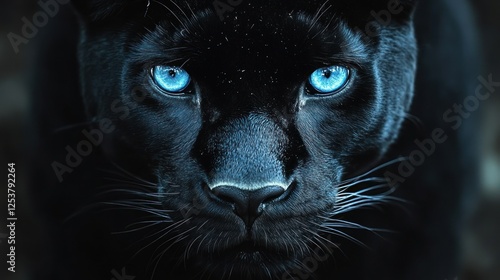 Close-up of a black panther's intense blue eyes.