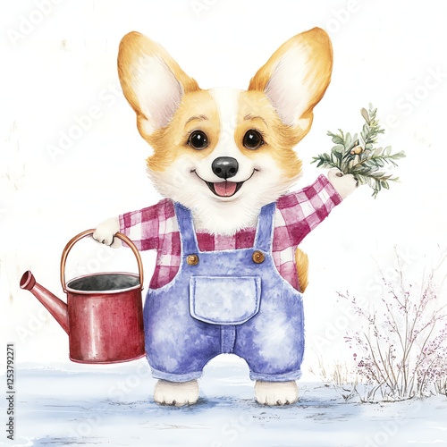 A cheerful corgi in overalls holds a watering can and greenery, set against a simple background, exuding a playful gardening theme. photo