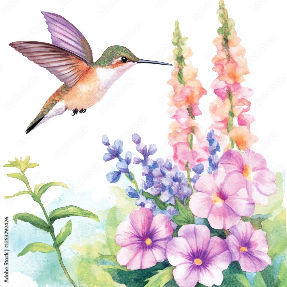 Fototapeta premium A colorful hummingbird hovers near vibrant flowers, showcasing the beauty of nature in a delicate watercolor style.