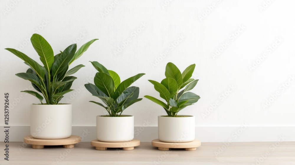 Fototapeta premium Minimalist Plants on Wood Planters Against White Wall