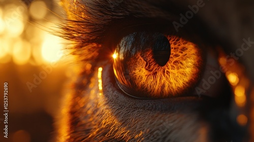 Close-up of a golden animal eye at sunset. photo