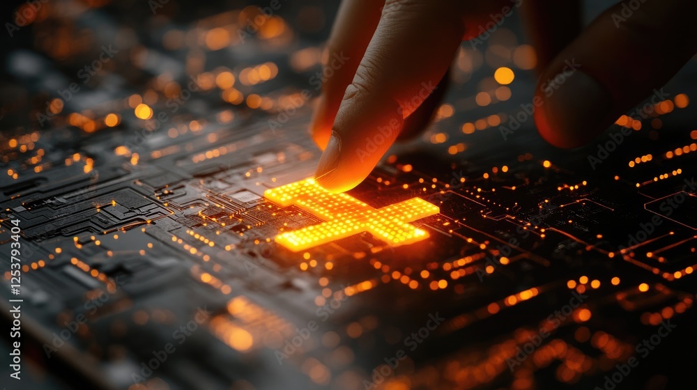 A hand touches an illuminated circuit board with a glowing cross symbol, symbolizing technology. A hand touches an illuminated circuit board with a glowing cross symbol, symbolizing technology.